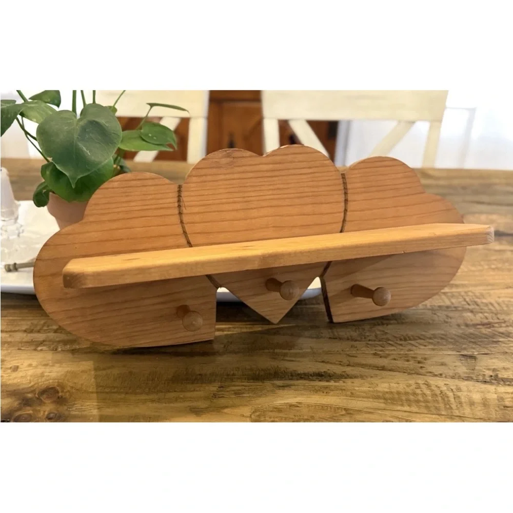 Vintage Solid Wooden Heart Shelf with 3 Peg Hooks 21” Beautiful Piece